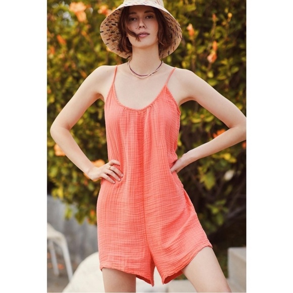 Anthropologie Daily Practice Orange Muslim Gauze Short Romper​​​ - Picture 1 of 9